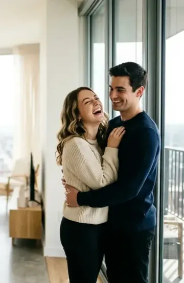 Pareja feliz entrando a su nuevo hogar con las llaves y celebrando con Gesgrama